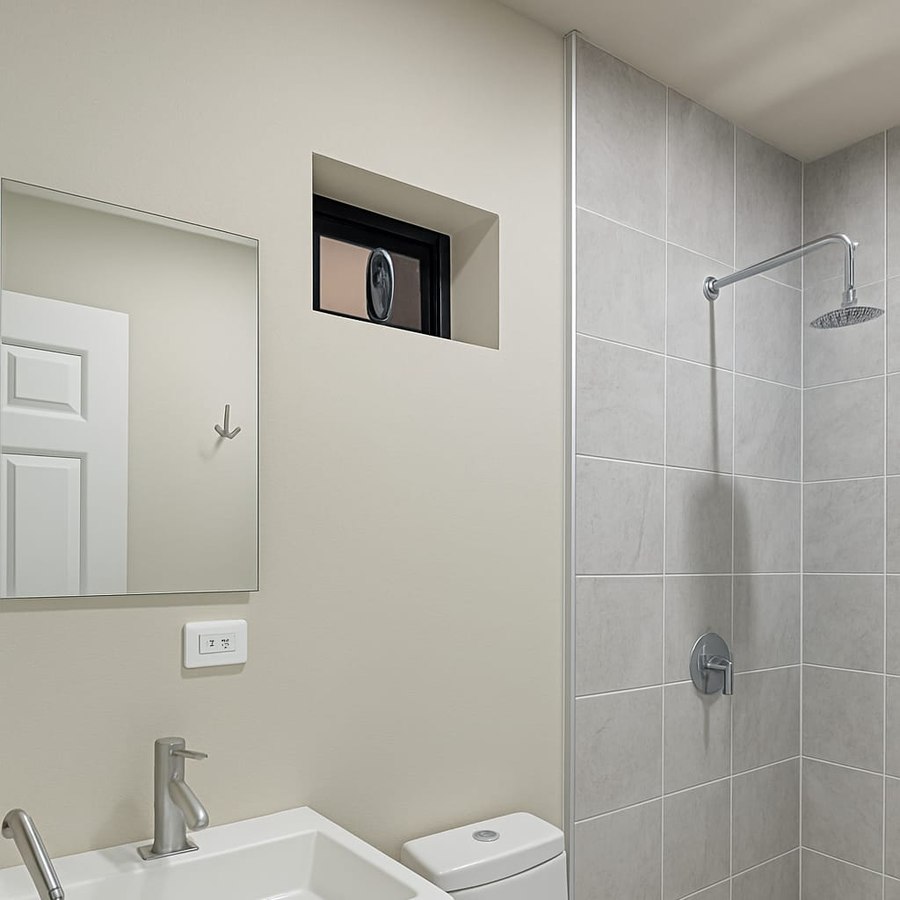 Baño residencial completo con cancelería y grifería contemporánea