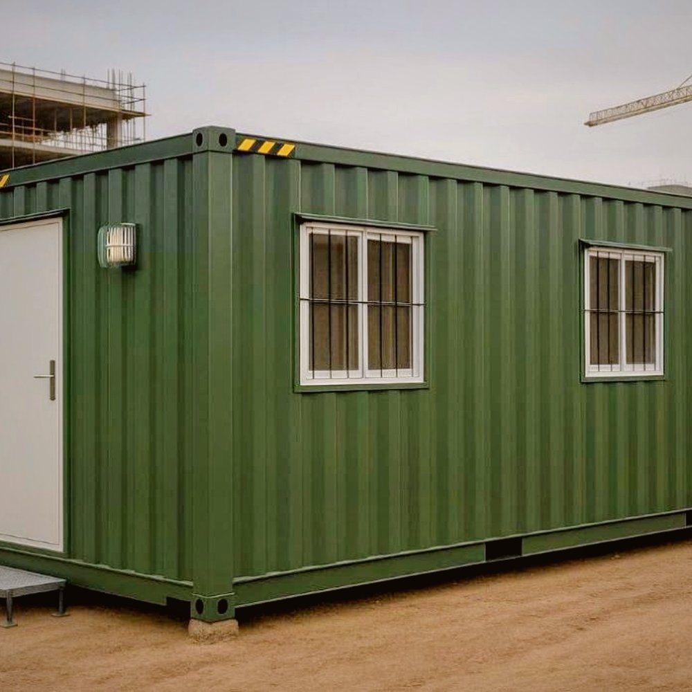 Oficina modular en contenedor verde, instalada en obra