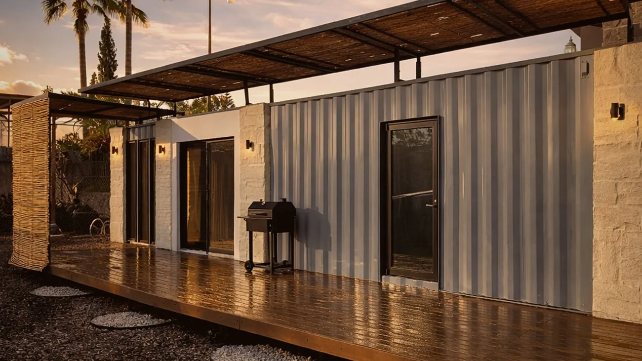 Suite modular TECTUME de acero y madera con fachada en piedra, entre palmeras